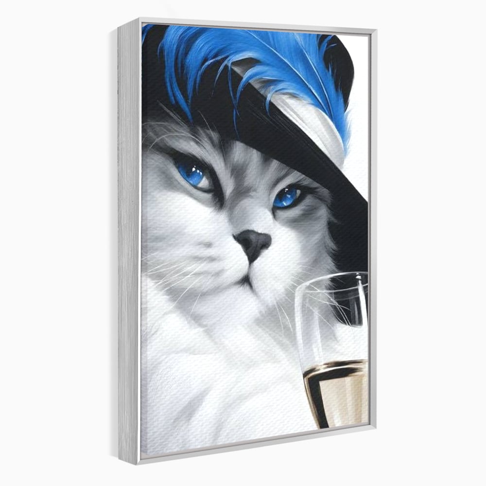 Tablou canvas cu tablou canvas cu pisica aristocrata si palarie, in rama de aluminiu argintiu